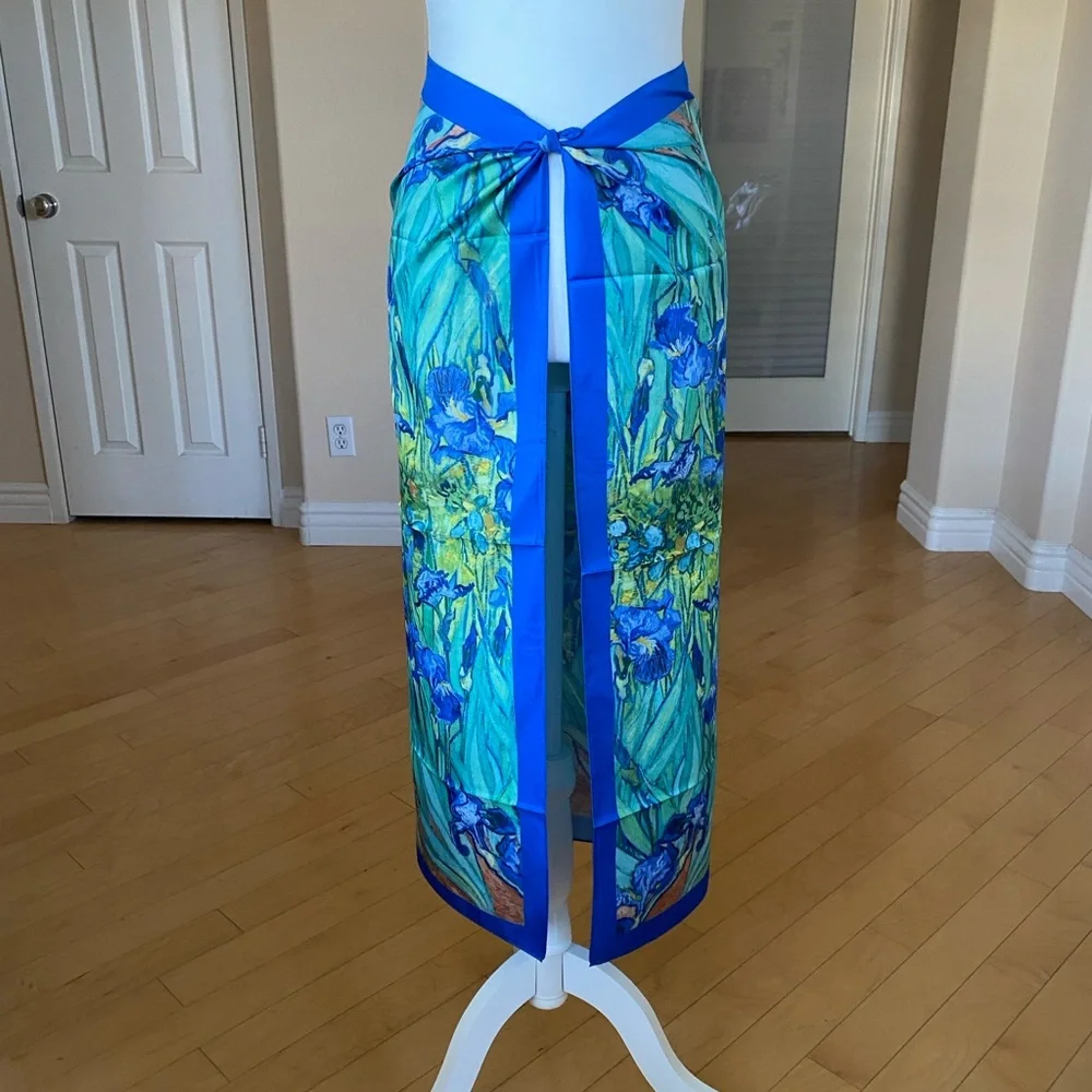 Vibrant Blue 100% Silk Floral Wrap Sarong Scarf Wall Art